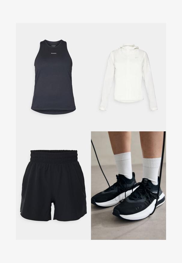 Witte Nike-jack met een capuchon, volledige rits, elastische manchetten en een subtiele logo op de borst. Gladde textuur en lichtgewicht ontwerp.; Donkergrijze sporttanktop van gestructureerde stof; heeft een ronde hals en het merk "SALOMON" in witte letters op de voorkant gedrukt.; Zwarte sportshorts met een elastische tailleband, gladde stof en een losvallend ontwerp. De shorts hebben zijzakken en zijn van gemiddelde lengte tot boven de dij.; Zwarte sportschoenen van gestructureerde stof, met een witte zool en zwarte veters. Draag ze met witte geribde sokken, staand op een lichte ondergrond.