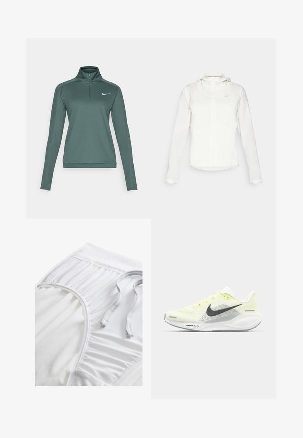 Vit Nike-jacka med huva, hel dragkedja, elastiska ärmslutar och en diskret logotyp på bröstet. Slät textur och lätt design.; Nike Performance DRI-FIT PACER - Långärmad tröja - vintage green/reflective silver; Vita atletiska shorts med en texturerad midja, samlade sidodetaljer och en platt dragsko. Mjuk tyg med slät yta.; Nike löparskor med ett ljusgult och vitt nätövre, grå detaljer och en flexibel gummisul. Har en snörning för stängning.