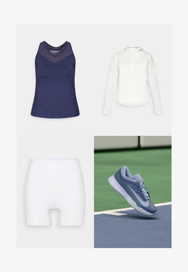 White Nike jacket with a hood, full zip, elastic cuffs, and a subtle logo on the chest. Smooth texture and lightweight design.; Navy blue tank top with a V-neck and mesh panel design. Smooth fabric with a fitted shape and stitched hem.; White high-waisted shorts made from stretch fabric. Features a smooth texture and fitted design, with no additional patterns or hardware.; Sport sneaker in light blue and navy, featuring a textured upper, flat laces, and a lightweight white sole. Elevated above a court surface.