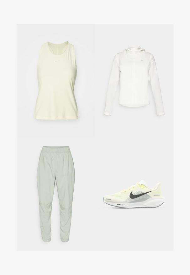 Valkoinen Nike-takki hupulla, täyspitkällä vetoketjulla, joustavilla hihansuilla ja hillityllä logolla rinnassa. Sujuva pinta ja kevyt muotoilu.; Vaaleankeltainen ilman hihoja oleva urheilullinen tankkitoppi, joka on valmistettu sileästä kankaasta. Sen muotoilu sisältää pyöreän kaula-aukon ja pienen valkoisen logon rinnassa.; Nike Performance DRI-FIT FAST - Verryttelyhousut - jade horizon; Nike juoksukengät, joissa on vaaleankeltainen ja valkoinen verkko-osa, harmaita yksityiskohtia ja joustava kumipohja. Varusteet nauhakiinnityksellä.