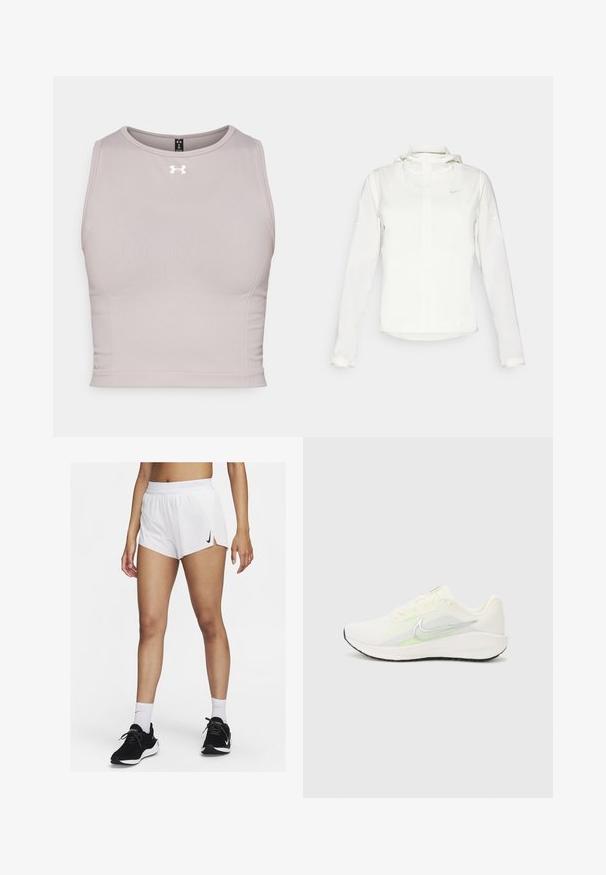 Chaqueta blanca de Nike con capucha, cremallera completa, puños elásticos y un logo sutil en el pecho. Textura suave y diseño ligero.; Top corto atlético gris con escote redondo, diseño sin mangas y un pequeño logo blanco en el pecho. Fabricado con un tejido suave y elástico.; Pantalones cortos deportivos blancos con cinturilla acanalada, aberturas laterales y un logo negro de Nike. Se llevan con zapatillas negras y calcetines blancos hasta la mitad de la pantorrilla.; Nike Performance DOWNSHIFTER 13 - Zapatillas running asfalto - sail/silver-coloured photon dust/summit white/barely volt/black