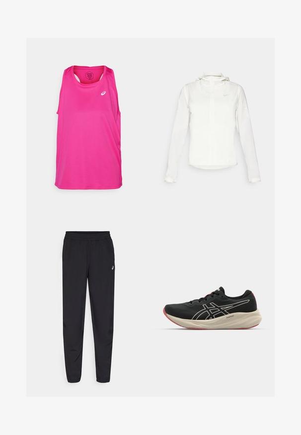 Giacca Nike bianca con cappuccio, zip completa, polsini elasticizzati e un logo discreto sul petto. Texture liscia e design leggero.; Top sportivo rosa senza maniche, con scollo rotondo e logo sul frontale. Realizzato in tessuto leggero e traspirante.; Pantaloni sportivi neri con vita elastica, gambe affusolate con polsini, realizzati in un materiale leggero e liscio, con un piccolo logo sulla coscia.; Scarpa da corsa nera con tomaia in rete e dettagli bianchi. Presenta un intersuola ammortizzata e un particolare suola rossa. Design leggero.