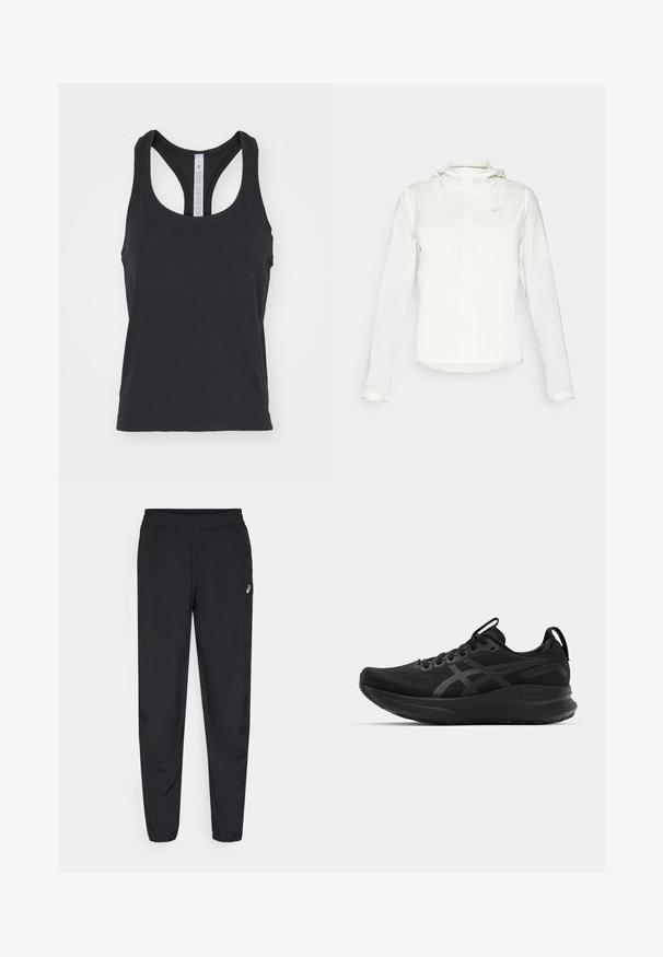 Witte Nike-jack met een capuchon, volledige rits, elastische manchetten en een subtiele logo op de borst. Gladde textuur en lichtgewicht ontwerp.; lululemon SWIFTLY TECH RACERBACK TANK - Top - black black; Zwarte sportbroek met een elastische tailleband, taps toelopende pijpen met boorden, gemaakt van een lichtgewicht, soepele stof, en een klein logo op de dij.; Zwarte sportieve schoenen met een ademende bovenkant, gestructureerde stof, dikke zool en subtiele merkaccenten. Veters en een lus zijn inbegrepen.