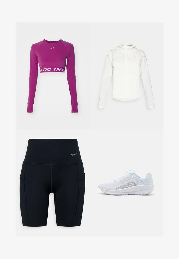 Biela Nike bunda s kapucňou, plným zipsom, elastickými manžetami a jemným logom na hrudi. Hladká textúra a ľahký dizajn.; Fialový dlhý rukáv crop top vyrobený z pružného materiálu. Má zaoblený výstrih a biely logo "PRO NIKE" na páse.; Čierne športové šortky s vysokým pásom vyrobené z elastického materiálu; obsahujú bočné vrecká a malé logo Nike na páse.; Biele atletické topánky s priedušným zvrškom, okrúhlym prstom a štruktúrovanou podrážkou. Obsahuje strieborný Nike swoosh a minimalistický dizajn.