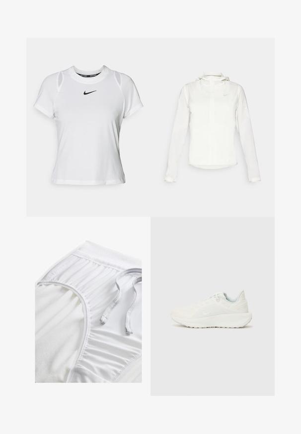 Chaqueta blanca de Nike con capucha, cremallera completa, puños elásticos y un logo sutil en el pecho. Textura suave y diseño ligero.; Camiseta blanca NikeCourt de manga corta, con cuello redondo, detalles de malla en los hombros y un pequeño logo negro en el pecho.; Pantalones cortos deportivos blancos con una cinta de cintura texturizada, detalles fruncidos en los laterales y un cordón plano. Tejido suave con un acabado liso.; Zapatillas deportivas blancas con un upper texturizado, cuello acolchado y cierre de cordones. Presentan una suela curva y un sutil logotipo en el lateral.