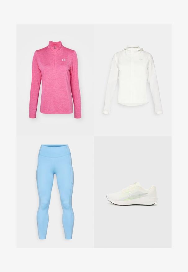 Bílá bunda Nike s kapucí, plným zipem, elastickými manžetami a decentním logem na hrudi. Hladká textura a lehký design.; Růžový pulovr s dlouhými rukávy a čtvrtinovým zipem, vyrobený z texturované tkaniny, s malým bílým logem na levém prsu a s mock límcem.; Světlomodré legíny vyrobené z elastické tkaniny. Mají vysoký pás, hladkou texturu a zakřivené švy podél nohou.; Nike Performance DOWNSHIFTER 13 - Silniční běžecké boty - sail/silver-coloured photon dust/summit white/barely volt/black