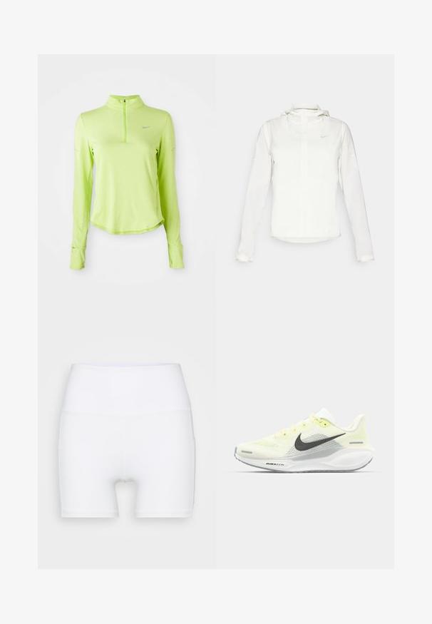 White Nike jacket with a hood, full zip, elastic cuffs, and a subtle logo on the chest. Smooth texture and lightweight design.; Light green long-sleeve athletic top with a quarter zipper, crew neck, thumb holes on sleeves, and a small reflective Nike logo on the chest.; White high-waisted shorts made from stretch fabric. Features a smooth texture and fitted design, with no additional patterns or hardware.; Nike running shoes with a light yellow and white mesh upper, grey accents, and a flexible rubber sole. Features a lace-up closure.