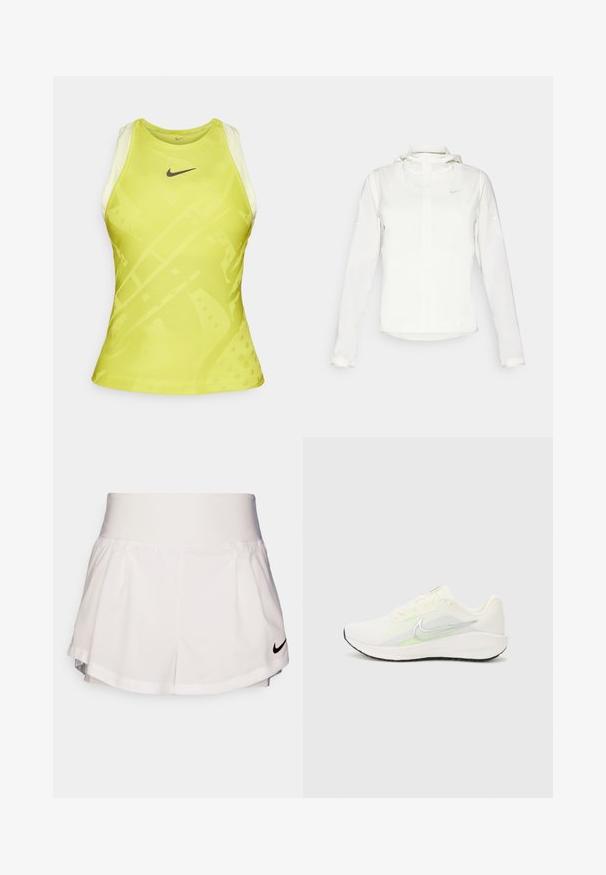 Hvit Nike-jakke med hette, hel glidelås, elastiske mansjetter og en diskret logo på brystet. Glatt tekstur og lett design.; Nike dames tanktop, lys gul med teksturert design. Racerback-stil, med en liten svart logo på brystet og kontrasterende stropper.; Nike Performance SHORT - Sports shorts - white/black; Nike Performance DOWNSHIFTER 13 - Løpesko for vei - sail/silver-coloured photon dust/summit white/barely volt/black