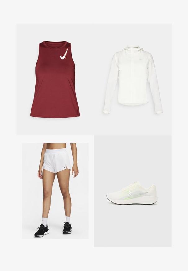 Witte Nike-jack met een capuchon, volledige rits, elastische manchetten en een subtiele logo op de borst. Gladde textuur en lichtgewicht ontwerp.; Bordeauxkleurig mouwloos sporttopje van gladde stof. Het heeft een ronde halslijn en een wit Nike-logo op de bovenste linkerzijde.; Witte sportshorts met een geribbelde tailleband, zijsplitten en een zwarte Nike-logo. Draag ze met zwarte sneakers en witte kousen tot aan de kuit.; Nike Performance DOWNSHIFTER 13 - Hardloopschoenen voor op de weg - sail/silver-coloured photon dust/summit white/barely volt/black