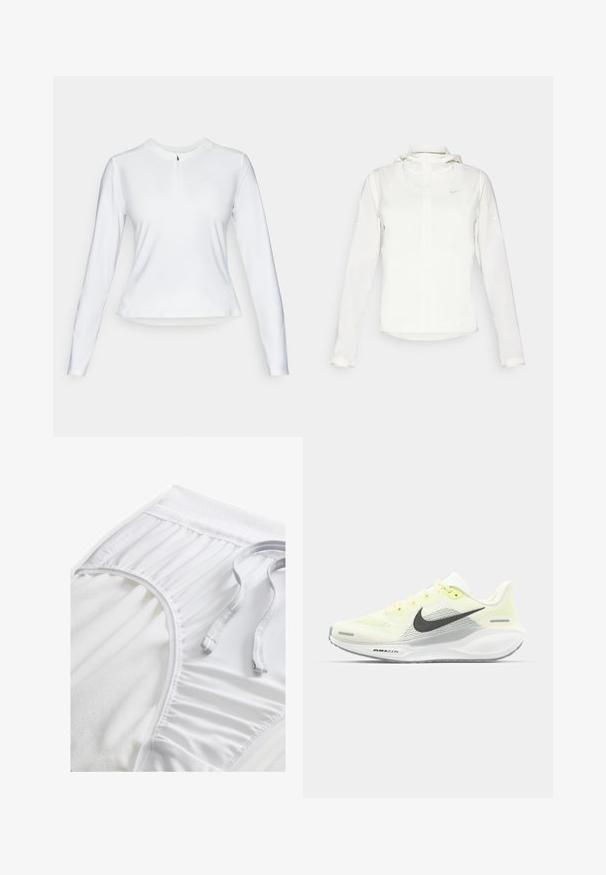 Witte Nike-jack met een capuchon, volledige rits, elastische manchetten en een subtiele logo op de borst. Gladde textuur en lichtgewicht ontwerp.; Langermige witte sporttop met een kwart-rits kraag, gladde textuur en subtiele logo-details op de borst.; Witte sportshorts met een gestructureerde tailleband, geplooide zijkanten en een platte trekkoord. Zachte stof met een gladde afwerking.; Nike hardloopschoenen met een lichtgele en witte mesh bovenkant, grijze accenten en een flexibele rubberen zool. Voorzien van een vetersluiting.