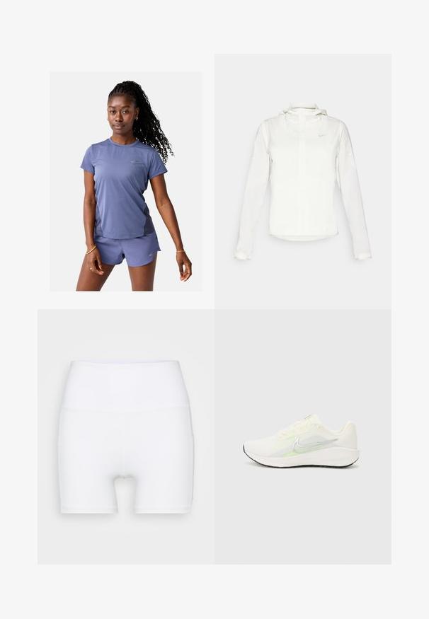Valge Nike jakker, millel on kapuuts, täispikk tõmblukk, elastsed mansetid ja diskreetne logo rinnal. Sile tekstuur ja kerge disain.; Lühikeste varrukatega sporditop ja lühikesed püksid helesinises kangas, millel on peened logo aktsendid ja niiskust kehast eemal hoidvad tekstuurid.; Valged kõrge vöökohaga lühikesed püksid, mis on valmistatud venivast kangast. Omab siledat tekstuuri ja mugavat lõiget, ilma lisamustrideta või -detailideta.; Nike Performance DOWNSHIFTER 13 - Maanteejooksu jalatsid - sail/silver-coloured photon dust/summit white/barely volt/black