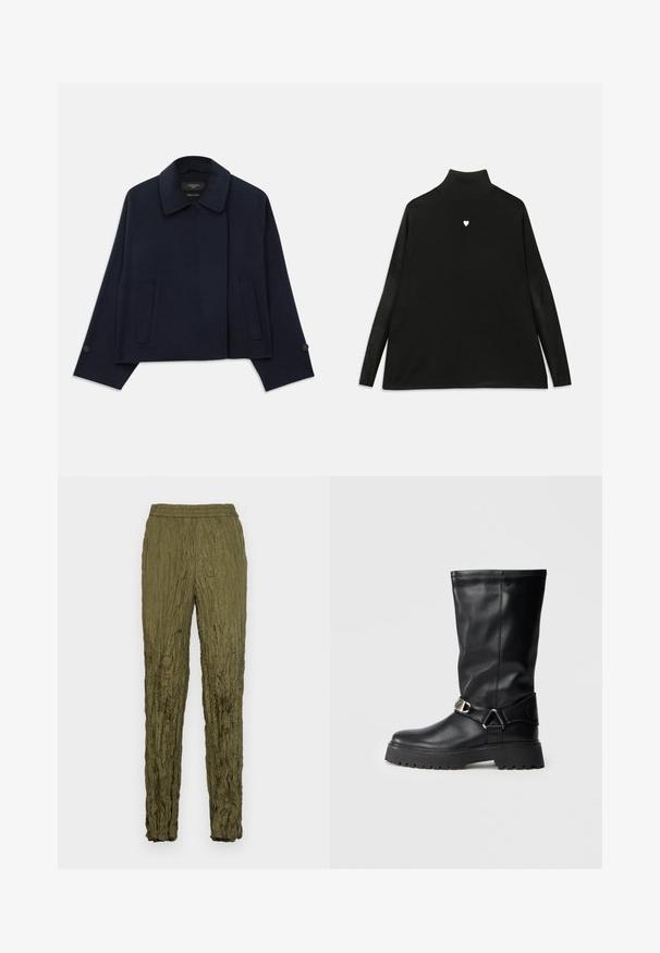 Navy blue wool blend jacket with a notched collar, two front pockets, and buttoned sleeves. Features a relaxed, cropped silhouette.; Black turtleneck sweater with long sleeves, featuring a small white heart emblem on the chest. Soft fabric and relaxed fit.; Olive green crinkled fabric pants with an elastic waistband, tapered legs, and a textured surface.; Black knee-high boots made of smooth leather, featuring a buckle accent on the side and a thick, textured sole for grip.