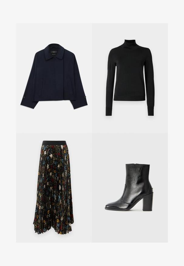 Tumesinine villasegune jakk, mis on varustatud sälk-krae, kahe esipocket'i ja nööpidega varrukatega. Omab vabamat, lühendatud siluetti.; Mustmusterta mustaga pikkade varrukatega kõrge kaelusega sviiter, millel on ribakudumisega mansetid ja äär, esitatud lihtsal valgel taustal.; Mustriga pleediga maksihunnik seelik mustast kangast, millel on lillemuster punases, sinises ja valges, koos ühetasandi mustast elastse vöökohtaga.; Must kõvale nahast pahklipsu saapad, millel on sile tekstuur, terav varvas ja paks kõrge kann. Omab külgavatust ja minimalistlikku disaini.