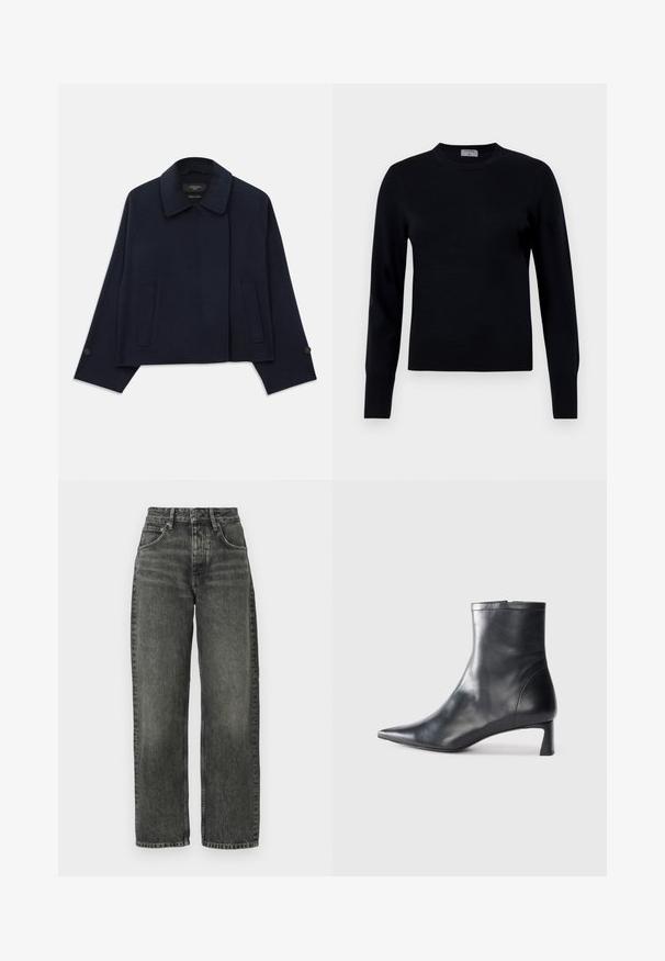 Marinblå jacka i ullblandning med slagkrage, två framfickor och knappade ärmar. Har en avspänd, kortad silhuett.; Svart stickad tröja med rund hals och långa ärmar. Har en jämn textur och ribbade muddar, vilket ger en klassisk passform och design.; Won Hundred ALEXANDRA - Jeans relaxed fit - tinted black; Svart läder ankelboot med spetsig tå och en smidig design. Har en låg klack och en dragkedjestängning bak. Slät textur.