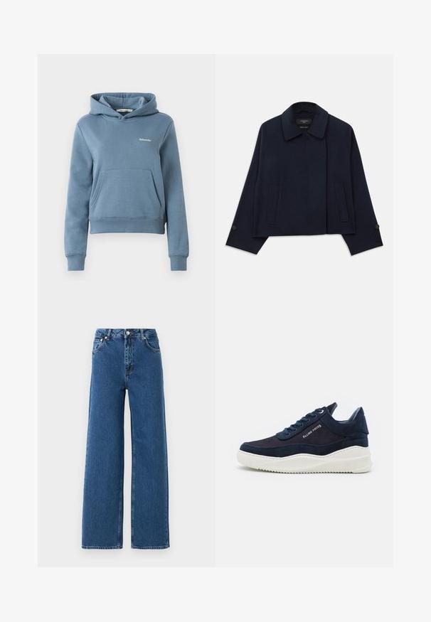 Navy blue wool blend jacket with a notched collar, two front pockets, and buttoned sleeves. Features a relaxed, cropped silhouette.; Blue cropped hoodie with front kangaroo pocket and small white "Holzweiler" logo on left chest, ribbed cuffs and hem.; Blue high-waist wide-leg jeans with front button and zip closure, front pockets, and belt loops on a white background.; Dark navy suede sneakers with white rubber soles, rounded toe, and lace-up design. Features logo detail on the side and textured accents.