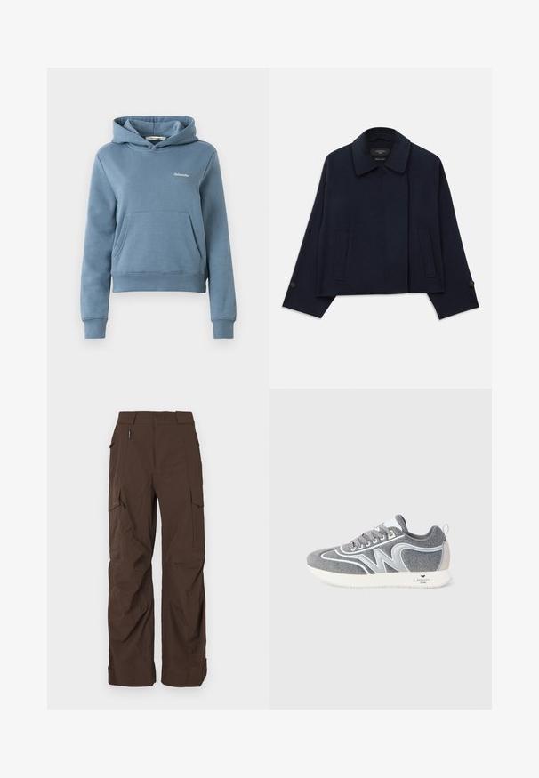 Marineblaue Wollmischung-Jacke mit Schalkragen, zwei Fronttaschen und bundierten Ärmeln. Hat eine lässige, verkürzte Silhouette.; Blaue cropped Kapuzenjacke mit einer vorderen Kängurutasche und kleinem weißen "Holzweiler"-Logo auf der linken Brust, gerippte Bündchen und Saum.; Braune Cargo-Hose mit geradem Schnitt, aus einem strapazierfähigen Stoff gefertigt. Verfügt über mehrere Taschen und ein sicheres Bunddesign.; Graue und weiße Low-Top-Sneaker mit Schnürsenkeln, "W"-Design an der Seite und einer weißen Sohle mit der Marke "Weekend Max Mara" an der Ferse.