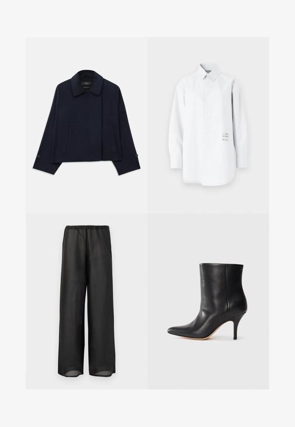 Tumesinine villasegune jakk, mis on varustatud sälk-krae, kahe esipocket'i ja nööpidega varrukatega. Omab vabamat, lühendatud siluetti.; Valge pikakä sleeve shirt, mis on valmistatud kerge kangast; omab nööpidega krae, lõdva istuvuse ja trükitud logo detaili külgedel.; Mustad laiad püksid kergest, poolläbipaistvast kangast, millel on kummiriba. Disain rõhutab voolujoonelist ja lõdva siluetti.; Must musta jalatsid terava ninaga, õhukese stiletto kontsaga ja siledast nahast. Minimalistlik disain ilma nähtava riistvarata või aksessuaarideta.