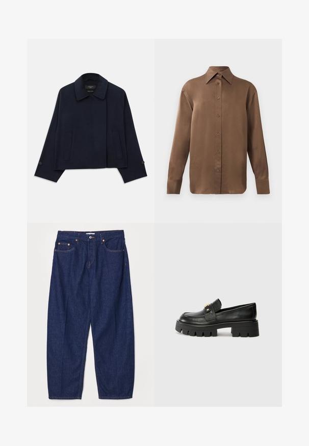 Navy blue wool blend jacket with a notched collar, two front pockets, and buttoned sleeves. Features a relaxed, cropped silhouette.; Brown long-sleeve button-up shirt with pointed collar and cuffs, displayed against a plain white background.; RE/DONE WIDE TAPER - Relaxed fit jeans - deadstock like; Black leather loafers with a chunky sole, featuring a gold-tone accent on the front and a smooth finish. Chunky tread design on the sole.