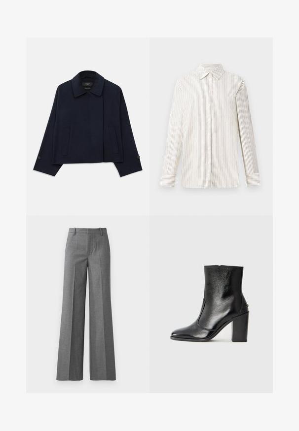 Námornícky modrý kabát z vlnenej zmesi s klopaným golierom, dvoma prednými vreckami a zapínaním na gombíky na rukávoch. Má uvoľnený, skrátený strih.; Biela košeľa s dlhým rukávom a tenkými vertikálnymi hnedými pruhmi, s klasickým golierom a jednou vreckom na hrudi.; Šedé široké nohavice z textúrovaného materiálu. Má predné záhyby, priliehavý pás a lesklý povrch, ideálne pre formálne prostredie.; Čierna kožená kotníková obuv s hladkým povrchom, špicatou špičkou a masívnym vysokým podpätkom. Zdobená bočným otvorom a minimalistickým dizajnom.