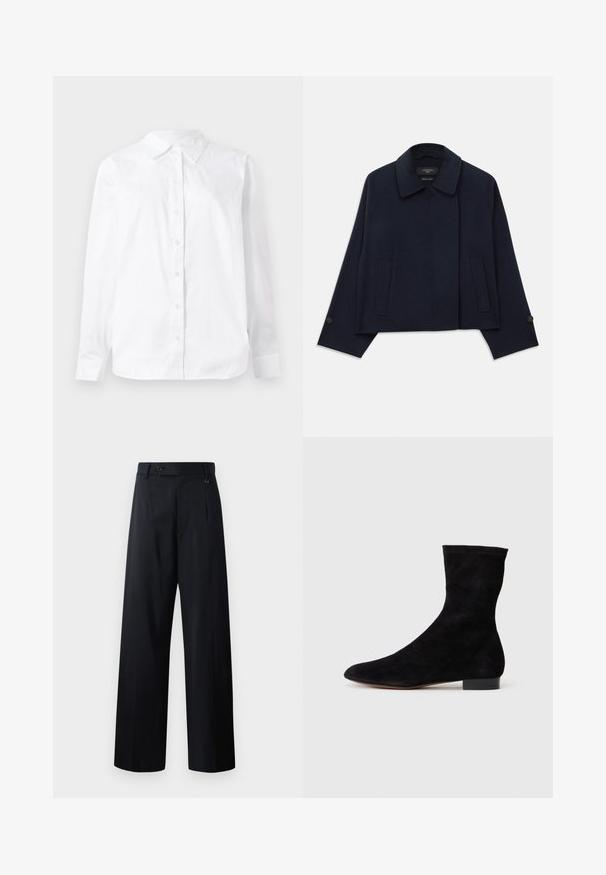 Jachetă dintr-un amestec de lână, de culoare bleumarin, cu guler tăiat, două buzunare frontale și mâneci cu nasturi. Prezintă o siluetă relaxată și scurtă.; Cămașă albă cu mâneci lungi și nasturi, confecționată din bumbac, având un guler ascuțit și o croială dreaptă, cu o textură netedă.; Pantaloni cu picioare largi, în bleumarin închis, cu închidere prin buton, pliuri frontale și țesătură netedă având un design curat și elegant.; Cizme scurte din suede negre, cu un știft ajustat, vârful ascuțit și un toc mic, pătrat. Textură netedă și design minimalist, potrivite pentru un stil versatil.