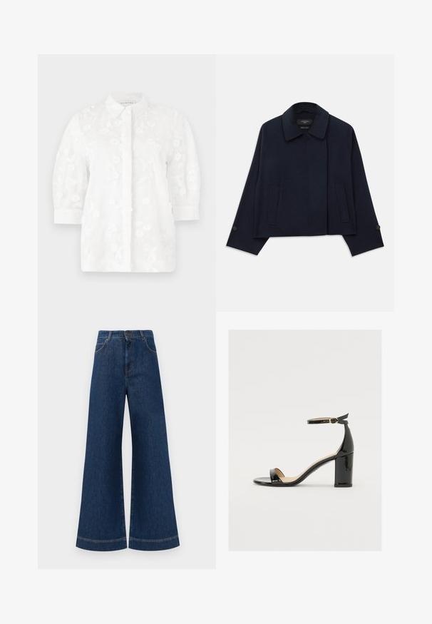 Giacca in misto lana blu navy con colletto a soffietto, due tasche anteriori e maniche con bottone. Presenta una silhouette rilassata e cropped.; Blusa bianca ricamata con colletto, maniche a tre quarti, motivi floreali e chiusura a bottoni sul davanti.; Jeans in denim blu a gamba larga con vita alta, dotati di chiusura a bottone, passanti per cintura e dettagli di cucitura sottili lungo le tasche e i orli.; Sandalo in vernice nera con tacco largo, punta aperta e cinturino alla caviglia con fibbia dorata. Texture liscia e design elegante.