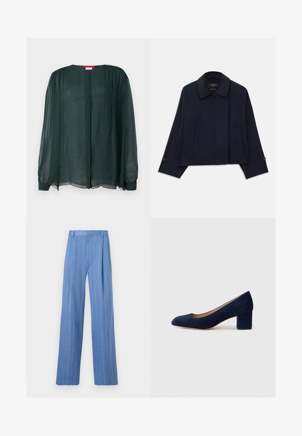 Navy blue wool blend jacket with a notched collar, two front pockets, and buttoned sleeves. Features a relaxed, cropped silhouette.; MAX&Co. SIGARO - Blouse - dunkelgruen; Light blue wide-leg trousers with vertical white stripes. Made of smooth material, featuring a front pleat and a clean waistband design.; Navy blue suede pump with a pointed toe and a mid-height block heel. Smooth texture with a subtle sheen and a small cutout at the front.