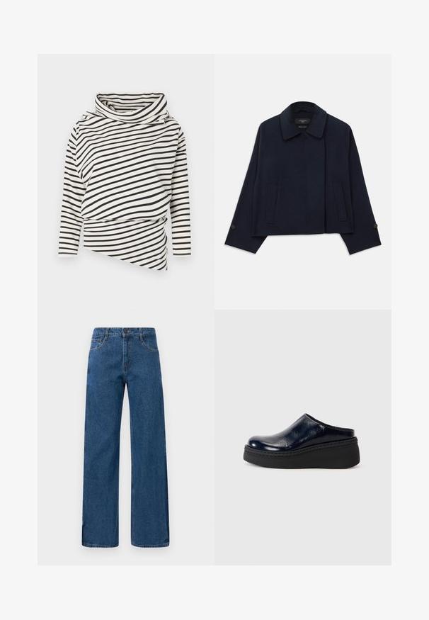 Giacca in misto lana blu navy con colletto a soffietto, due tasche anteriori e maniche con bottone. Presenta una silhouette rilassata e cropped.; Top asimmetrico a maniche lunghe color crema con strisce nere, caratterizzato da un colletto alto e un design drappeggiato sul davanti con finitura testurizzata.; Jeans a vita alta blu, con gamba larga, tasche frontali e posteriori, chiusura con bottone e cuciture visibili su sfondo bianco.; Zoccolo in pelle verniciata blu navy con una finitura liscia, caratterizzato da una spessa suola piattaforma nera e cuciture visibili lungo la base.