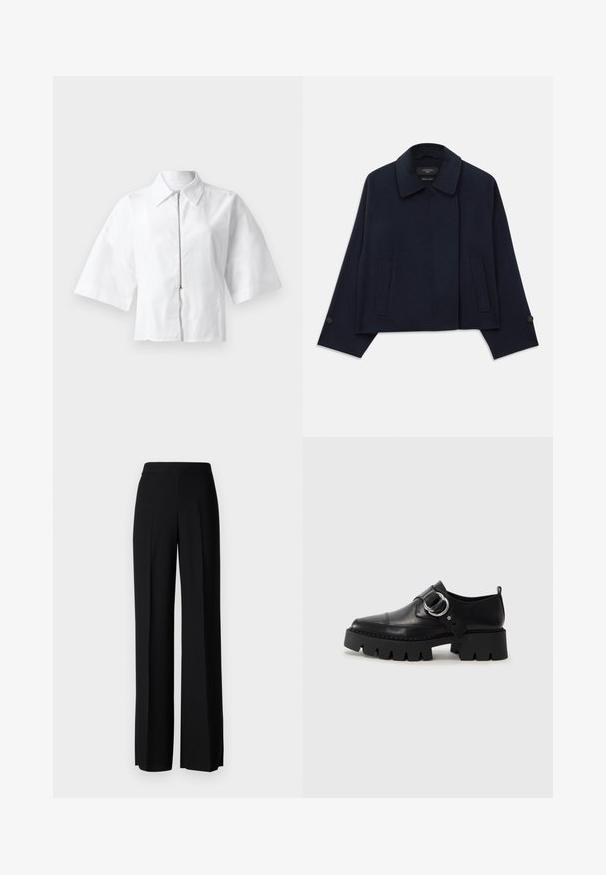 Veste en mélange de laine bleu marine avec un col cranté, deux poches avant et des manches à boutons. Présente une silhouette décontractée et courte.; Blouse blanche à manches courtes avec un col et une fermeture éclair à l'avant. Texture lisse avec un design minimaliste, sans motifs ni accents.; Pantalons noirs à jambes larges avec une texture lisse, dotés d'une taille haute et de plis centraux. Pas de motifs visibles ni de détails en matériel.; Chaussures noires en cuir avec une semelle épaisse et côtelée, présentant un accent en métal argenté circulaire et des détails de couture minimalistes.