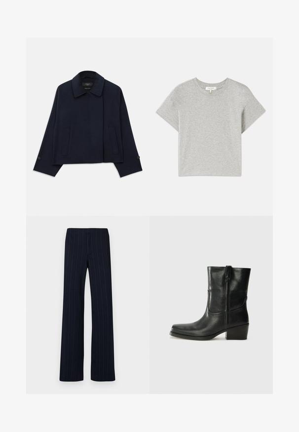 Marineblauwe wollen blazer met een geknipt kraag, twee voorzakken en knoopmanchetten. Heeft een relaxte, cropped pasvorm.; Grijze t-shirt met korte mouwen, gemaakt van zachte katoen. Ronde halslijn met een relaxte pasvorm en zonder zichtbare patronen of accenten. Etiket aan de binnenkant.; Marineblauwe pantalon met fijne krijtstreep en een rechte pijp, gemaakt van fijn stof met een gladde textuur en zonder zichtbare sluitingen.; Zwarte leren enkellaars met een ronde neus, blokhak, zijrits en stikselaccenten op de wreef. Gladde textuur, klassiek ontwerp.