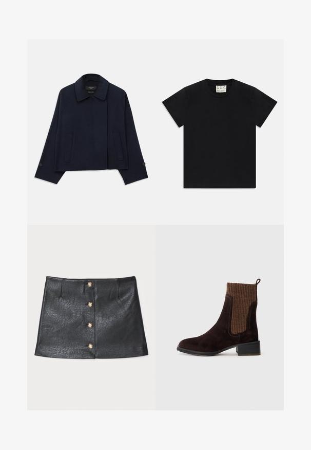 Tamsiai mėlynas vilnos mišinio švarkas su iškirptu apykakle, dviem priekinėmis kišenėmis ir sagomis prisiūtomis rankovėmis. Yra atsipalaidavusi, trumpa silueto forma.; Juodas trumpomis rankovėmis marškinėliai su apvaliu kaklu, vidinėje apykaklės pusėje yra balta etiketė su užrašu "D.R.C. EST. 2002" ant balto fono.; Juodas odinis mini sijonas, išsiskiriantis elegantiška eiga, priekyje su užsegimu mygtuku ir auksinėmis detalėmis, bei tekstūruota paviršiumi su subtiliu blizgesiu.; Rudos zomšu kulkšnės auliniai batai su tekstūruotu rudu ribotu mezginiu viršumi, glotnia paviršiumi, žemu blokuotu kulnu ir kilpeliu ant kulno, kad būtų patogu užsimauti.