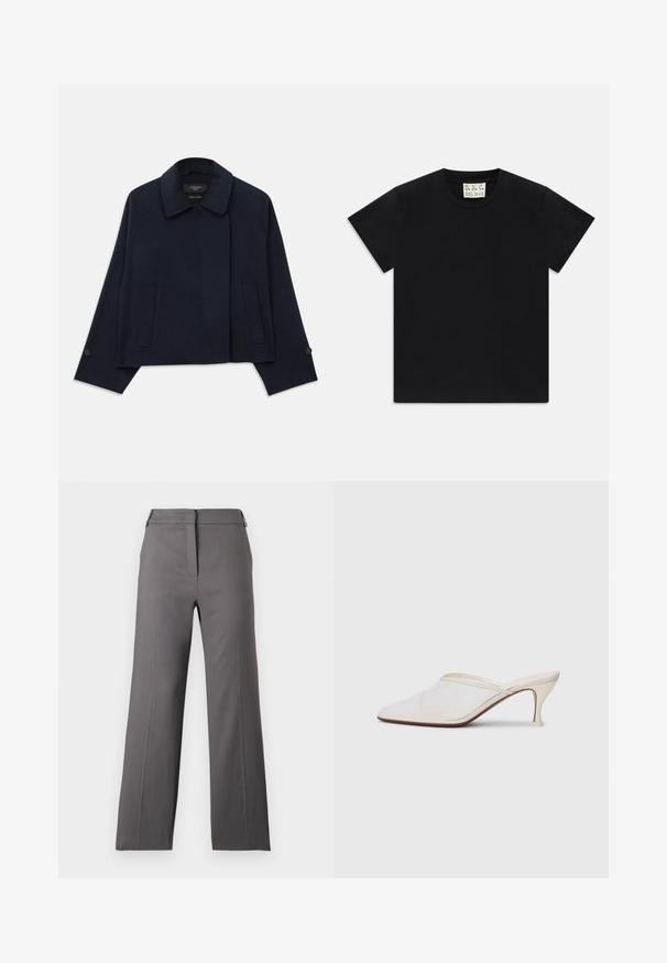 Laivastonsininen villasekoitek jacket, jossa on lovettu kaulus, kaksi etutaskua ja napitettu hihnat. Oma erityispiirre on rento, lyhyt siluetti.; Musta lyhythihainen pyöreäkauluksinen t-paita, jonka sisäkauluksessa on valkoinen etiketti, jossa lukee "D.R.C. EST. 2002" valkoista taustaa vasten.; Harmaat leveät housut, joissa on sileä pinta, litteä etuosa, vetoketjukiinnitys ja minimaalinen yksityiskohtaisuus. Muotoiltu rentoa istuvuutta varten.; Valkoinen verkkokangas teräväkärkinen mulu, jossa on ohut keskipituinen korko ja liukupohjainen muotoilu yksinkertaista taustaa vasten.