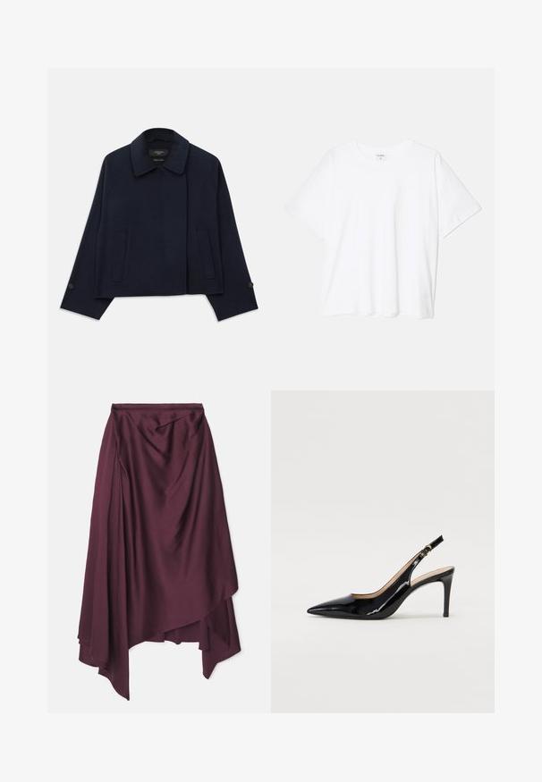 Tumši zila vilnas maisījuma jaka ar izgrieztu apkakli, divām priekšējām kabatām un pogājamām piedurknēm. Iespējota brīva, īsā silueta.; Balta kokvilnas T-krekls ar īsām piedurknēm, apaļu dekoltē, brīva piegriezuma un šūtu apakšmalu. Etiķete redzama iekšējā kakla daļā.; Bordo krāsas satīna sarafāns ar asimetrisku apakšu, kuram ir maiga drapēšana un gluda tekstūra. Nav redzamu aizdaru vai rakstu.; Melnas lakotās ādas slingback kurpes ar izteiktu degunu, šauru papēdi un smalku izgriezumu dizainu. Siksniņai ir zelta sprādze.