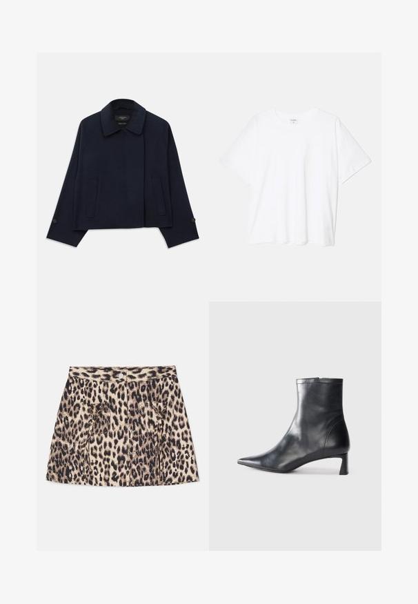 Marineblauwe wollen blazer met een geknipt kraag, twee voorzakken en knoopmanchetten. Heeft een relaxte, cropped pasvorm.; Witte katoenen t-shirt met korte mouwen, ronde halslijn, comfortabele pasvorm en gestikte zoom. Etiket zichtbaar aan de binnenzijde van de hals.; Jeansrok met luipaardprint, hoog in de taille, met een knoopsluiting aan de voorkant en twee zijzakken met trekkoorddetails.; Zwarte leren enkellaars met een spitse neus en een slank ontwerp. Heeft een lage hak en een ritssluiting aan de achterkant. Gladde textuur.