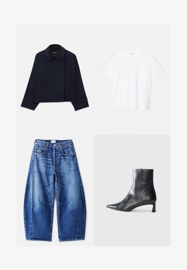 Tumesinine villasegune jakk, mis on varustatud sälk-krae, kahe esipocket'i ja nööpidega varrukatega. Omab vabamat, lühendatud siluetti.; Valge puuvillane T-särk lühikeste varrukatega, ümmargune kaelus, mugav lõige ja õmmeldud serv. Silt nähtav kaela seest.; Laiad sinised denim püksid pleekinud viimistlusega, viie tasku, vasksete nittide ja lukuga sulgemisega. Kangas on tekstureeritud ja tugev.; Mustad mustall nahkasaabas terava nina ja stiilse disainiga. Omab madalat konts ja luku sulgemist taga. Sile tekstuur.