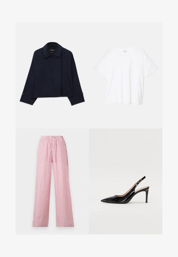 Jaket iz volnene mešanice v mornarsko modri barvi s kragnjo, dvema sprednjima žepoma in zapenjanjem na rokavih. Ima sproščen, krajši silhueto.; Bela bombažna majica s kratkimi rokavi, okroglim izrezom, sproščenim krojem in šivanim robom. Oznaka vidna na notranji strani izreza.; Široke hlače z vertikalnimi rdečimi in belimi črtami ter elastičnim pasom in vrvico, narejene iz lahkega materiala za udobje.; Črne lakirane slingback čevlje z izostrenim nosom, ozkim peto in subtilnim izrezom. Na traku je zlata sponka.