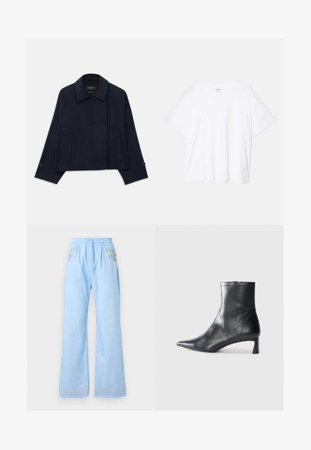 Jakna od vune tamnoplave boje sa ovratnikom, dva prednja džepa i rukavima sa dugmadima. Ima opušteni, skraćeni kroj.; Bijela pamučna majica s kratkim rukavima, okruglim izrezom, opuštenim krojem i šivenim rubom. Etiketa je vidljiva na unutarnjoj strani vrata.; Svijetloplave pamučne hlače s elastičnom strukom, s cvjetnim vezom sprijeda i kontrastnim rubovima na donjem dijelu.; Crne kožne gležnjače s uskim vrhom i elegantnim dizajnom. Imaju niski potpetak i zatvaranje na patentni zatvarač straga. Glatka tekstura.