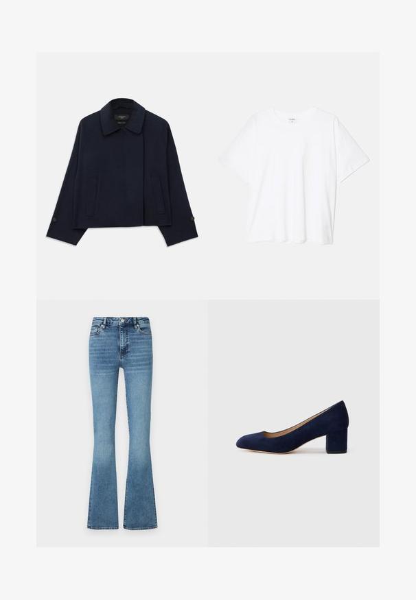 Marineblauwe wollen blazer met een geknipt kraag, twee voorzakken en knoopmanchetten. Heeft een relaxte, cropped pasvorm.; Witte katoenen t-shirt met korte mouwen, ronde halslijn, comfortabele pasvorm en gestikte zoom. Etiket zichtbaar aan de binnenzijde van de hals.; Aan flared denim jeans in een lichte blauwe was; heeft een hoge taille, gestikte naden en een lichte vervaging aan de onderkant van de benen.; Navy blauwe suède pump met een spitse neus en een blokhak van gemiddelde hoogte. Glad oppervlak met een subtiele glans en een kleine uitsparing aan de voorkant.