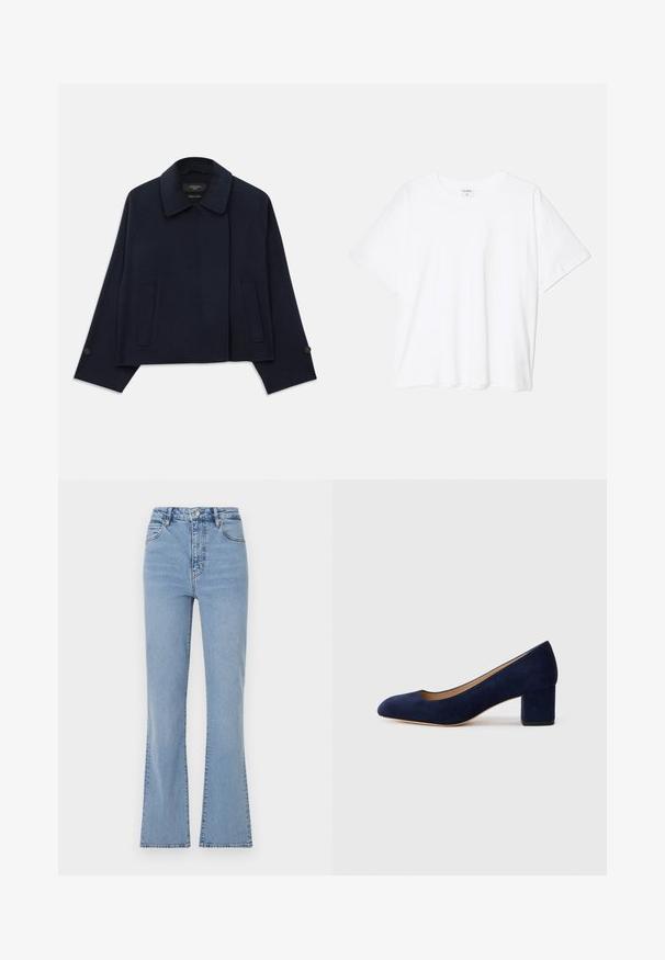 Giacca in misto lana blu navy con colletto a soffietto, due tasche anteriori e maniche con bottone. Presenta una silhouette rilassata e cropped.; T-shirt bianco in cotone con maniche corte, scollo rotondo, vestibilità comoda e orlo cucito. Etichetta visibile all'interno del colletto.; Jeans flare di un azzurro chiaro con vita alta, realizzati in denim. Presentano una chiusura frontale con bottone e zip, e cuciture visibili lungo le cuciture.; Pump in suede blu Navy con punta affusolata e tacco blocco di media altezza. Texture liscia con una leggera lucentezza e un piccolo taglio sul davanti.
