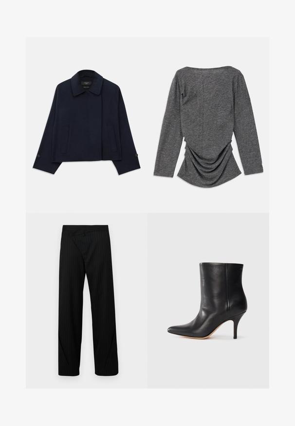 Námornícky modrý kabát z vlnenej zmesi s klopaným golierom, dvoma prednými vreckami a zapínaním na gombíky na rukávoch. Má uvoľnený, skrátený strih.; Sivý dlhý rukáv s jemnou textúrou, ktorý má široký výstrih a zhromaždený detail na chrbte, čím vytvára plynulý siluet.; Čierne nohavice s pruhmi v širokom strihu a jedinečným preloženým dizajnom v páse, s hladkou textúrou. Obsahujú precízne remeselné spracovanie a moderné detaily.; Čierne kožené členkové topánky s špicatou špičkou, úzkym stiletto podpätkom a hladkou textúrou. Minimalistický dizajn bez viditeľných kovových prvkov alebo akcentov.