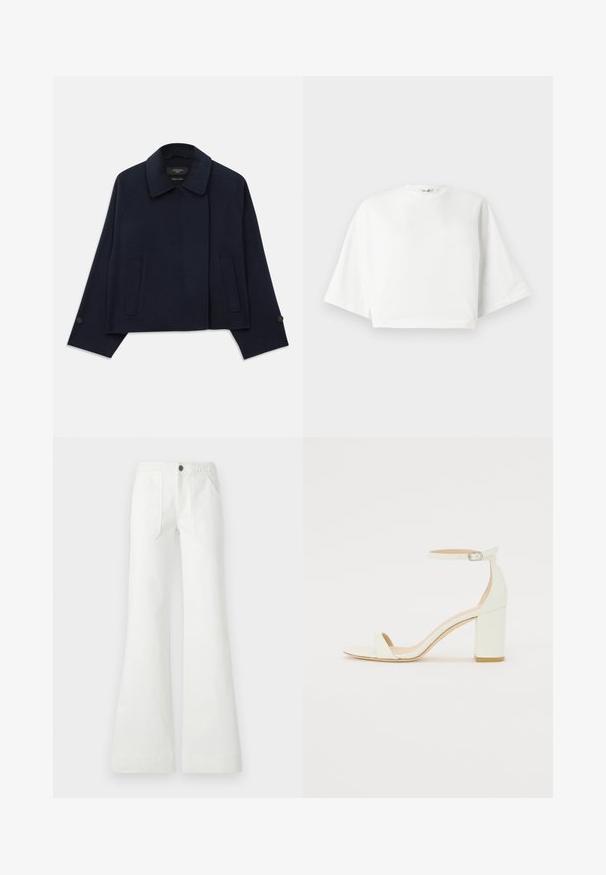 Tumši zila vilnas maisījuma jaka ar izgrieztu apkakli, divām priekšējām kabatām un pogājamām piedurknēm. Iespējota brīva, īsā silueta.; Balts īsais krekls ar brīvu piegriezumu, platām īsām piedurknēm, apaļu kakla izgriezumu un sānu šķērsojumiem, izgatavots no mīksta kokvilnas auduma.; Baltas platiem biksēm, izgatavotām no austas auduma, ar pītas jostas daļu, divām priekšējām kabatām un gludu tekstūru. Aizdare ar melnu pogu.; Balts ādas blokpārklājs ar siksniņu ap potīti, kurai ir sprādze un minimālistisks dizains. Atvērta purna un gludas virsmas visā apavā.