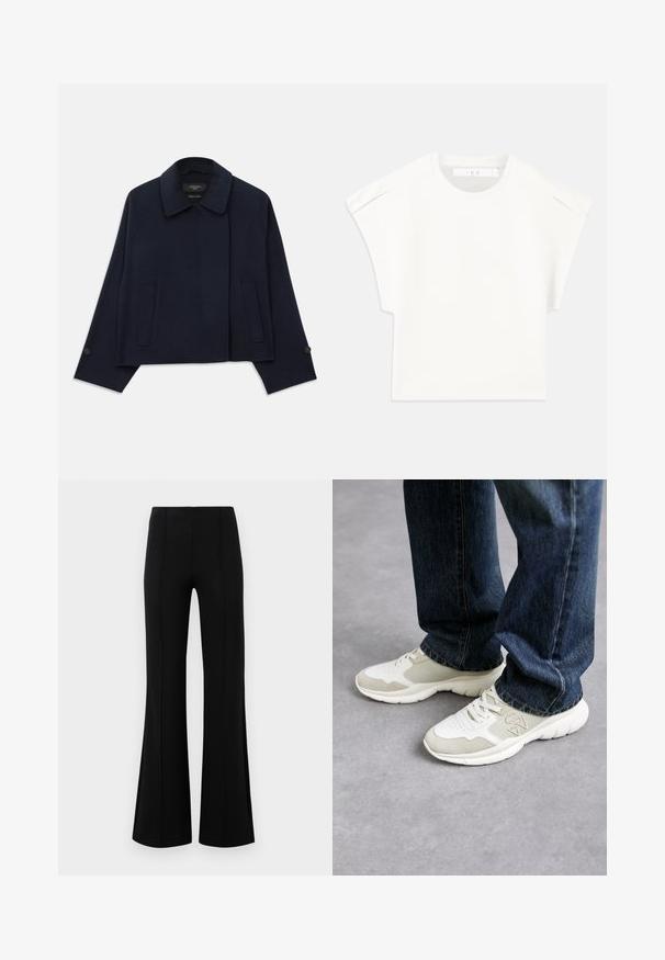 Tumesinine villasegune jakk, mis on varustatud sälk-krae, kahe esipocket'i ja nööpidega varrukatega. Omab vabamat, lühendatud siluetti.; Valge kastikujuline T-särk lühikeste varrukatega. Valmistatud siledast kangast, millel on ümmargune kaelus ja diskreetne õlavarre aktsent. Lihtne disain.; Mustad põlvpüksid kõrge vöökohaga, valmistatud venivast kangast. Esiküljel on vertikaalsed õmblusdetailid ja sile tekstuur.; Heledad hallid heledas hallis ja pehmest beezist võrkkangast, nahast detailidega. Omab paeltega kinnitamist ja paksu valget kummist tallat. Kandmiseks sinised teksad.