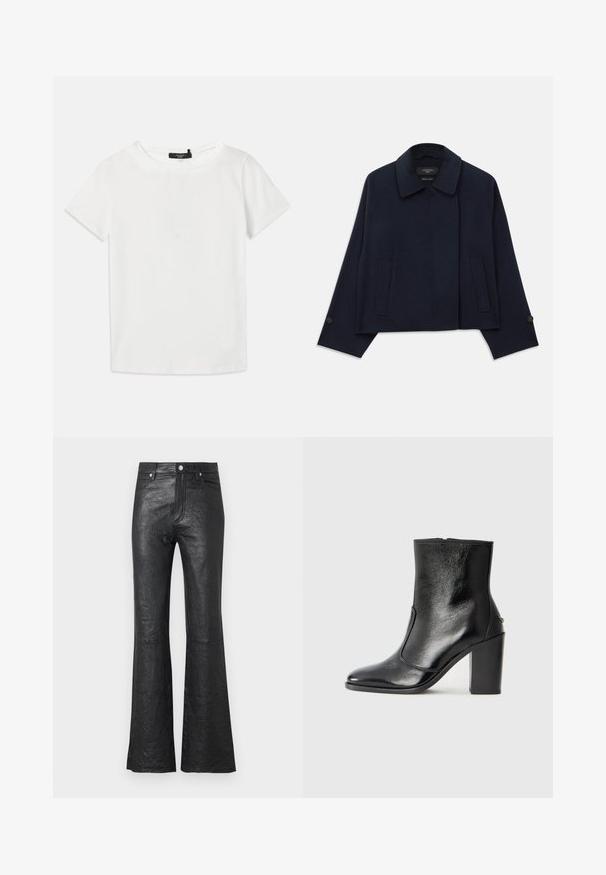 Jachetă dintr-un amestec de lână, de culoare bleumarin, cu guler tăiat, două buzunare frontale și mâneci cu nasturi. Prezintă o siluetă relaxată și scurtă.; Tricou alb cu maneci scurte din bumbac moale, având un guler rotund și un tiv drept, fără modele sau accente vizibile.; Pantaloni din piele neagră evazați, cu o textură crăpată, talie înaltă, buzunare frontale și închidere clasică cu nasture și fermoar.; Botină din piele neagră, cu o textură netedă, vârf ascuțit și toc gros, înalt. Dispune de o deschidere laterală și un design minimalist.