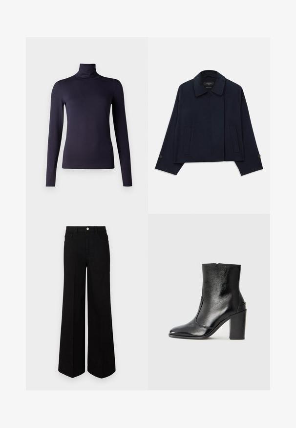 Granatowa kurtka z wełny z klapami, z dwiema przednimi kieszeniami i zapinanymi rękawami. Charakteryzuje się luźnym, skróconym krojem.; Niebieska, długozasłonięta bluzka z golfem wykonana z gładkiego, elastycznego materiału. Dopasowany krój z wysokim kołnierzem i bez widocznych wzorów czy akcentów.; Czarne dżinsy o szerokich nogawkach, wykonane z mocnego materiału, z wysokim stanem, kieszeniami z przodu i zapięciem na guzik z przodu. Płaskie wykończenie u dołu.; Czarne skórzane botki za kostkę o gładkiej fakturze, spiczastym nosku i grubym wysokim obcasie. Posiadają boczne wycięcie i minimalistyczny design.