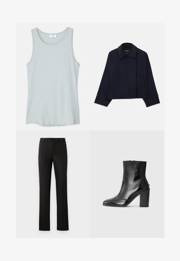 Marineblaue Wollmischung-Jacke mit Schalkragen, zwei Fronttaschen und bundierten Ärmeln. Hat eine lässige, verkürzte Silhouette.; Filippa K TANK - Top - thundersto; Schwarze maßgeschneiderte Hose mit geradem Bein, zwei vorderen Taschen, einem Knopfverschluss und unteren Falten vorne. Glatte Stofftextur.; Schwarze Leder-Stiefelette mit glatter Textur, spitzem Fuß und klobigem hohen Absatz. Verfügt über eine seitliche Öffnung und ein minimalistisches Design.