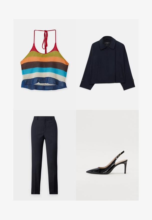 Giacca in misto lana blu navy con colletto a soffietto, due tasche anteriori e maniche con bottone. Presenta una silhouette rilassata e cropped.; Top crop all'uncinetto multicolore con spalline rosse, caratterizzato da righe orizzontali in arancione, verde, marrone, blu e bianco. Dettaglio con orlo arricciato.; Pantaloni tailored blu navy a gamba dritta, caratterizzati da una texture liscia, due tasche frontali e una vita pulita.; Pumps slingback in pelle verniciata nera con punta affilata, tacco sottile e un design con ritagli delicati. Caratterizzate da una fibbia dorata sul cinturino.