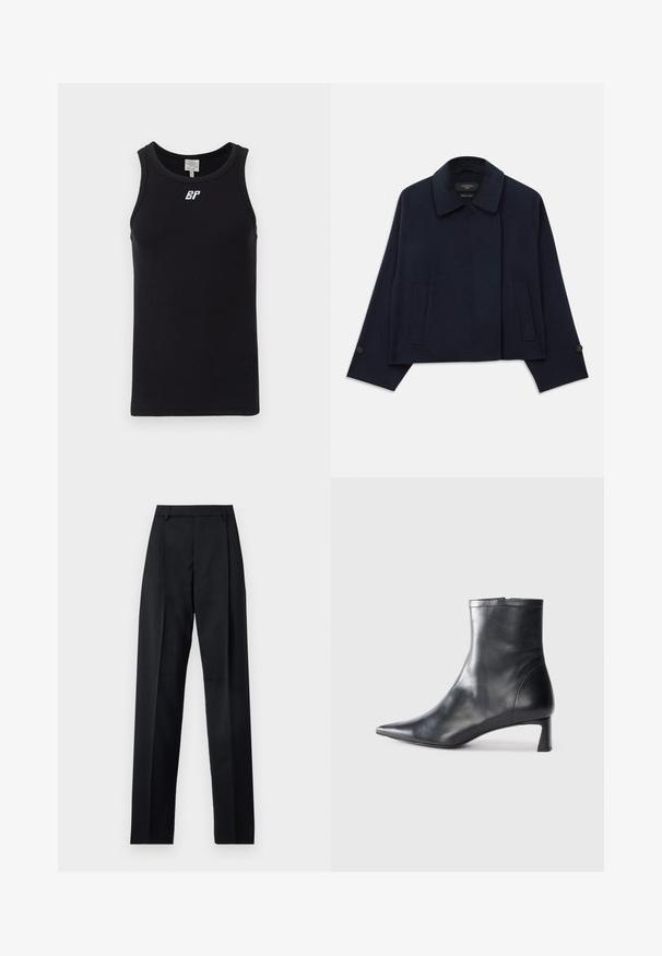 Jakna od vune tamnoplave boje sa ovratnikom, dva prednja džepa i rukavima sa dugmadima. Ima opušteni, skraćeni kroj.; Crna bezrukavna majica od rebraste tkanine, sa okruglim izrezom i bijelim logotipom na prsima. Jednostavan dizajn bez uzoraka.; Crne hlače od glatkog materijala s visokim strukom, širokim nogavicama, prednjim pregibima i klasičnim petljama za remen. Nema vidljivih bočnih džepova.; Crne kožne gležnjače s uskim vrhom i elegantnim dizajnom. Imaju niski potpetak i zatvaranje na patentni zatvarač straga. Glatka tekstura.