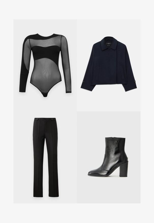 Marineblauwe wollen blazer met een geknipt kraag, twee voorzakken en knoopmanchetten. Heeft een relaxte, cropped pasvorm.; Zwart body met lange mesh mouwen en een stevige halslijn. Het ontwerp heeft een getailleerd, transparant materiaal met drukknoopsluitingen aan de onderkant.; Zwarte op maat gemaakte broek met een rechte pijp, twee voorzakken, een knoopsluiting en plooien aan de voorkant. Glad textuur van de stof.; Zwarte leren enkelboot met een gladde textuur, spitse neus en een gedurfde hoge hak. Beschikt over een zijopening en een minimalistisch ontwerp.