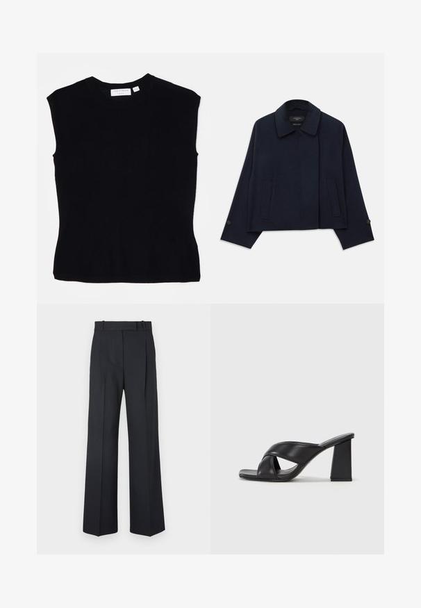 Tengerészkék gyapjú keverék dzseki, kivágott gallérral, két elülső zsebbel és gombos ujjal. Lazább, rövidített sziluettel rendelkezik.; Fekete ujjatlan felső kötött anyagból, kerek nyakkivágással és sima textúrával ellátott, testhezálló fazonnal. Címke a hátsó részen.; Sötétkék csíkos nadrág magas derékkal, széles szárú kialakítással, látható fémrészletek vagy díszítések nélkül. Sima textúra és szabott fazon.; MAX&Co. SOHO - Magas sarkú szandálok - schwarz