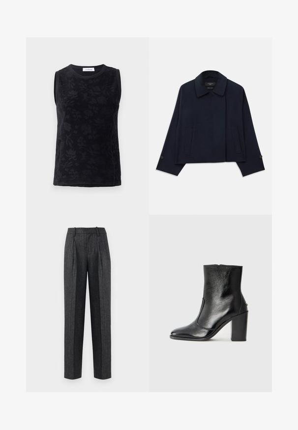 Jaket iz volnene mešanice v mornarsko modri barvi s kragnjo, dvema sprednjima žepoma in zapenjanjem na rokavih. Ima sproščen, krajši silhueto.; Črna brezrokavna majica s cvetličnim vzorcem, izdelana iz mehkega materiala, z okroglim izrezom in subtilnimi toniranimi odtenki v dizajnu.; Krojene hlače iz temno sive tkanine z svetlimi črtami, z ravnim krojem, sprednjimi pregibi in gladko teksturo.; Črne usnjene gležnarske čevlje z gladko teksturo, koničastim nosom in debelim visokim petam. Imajo stransko odprtino in minimalističen dizajn.