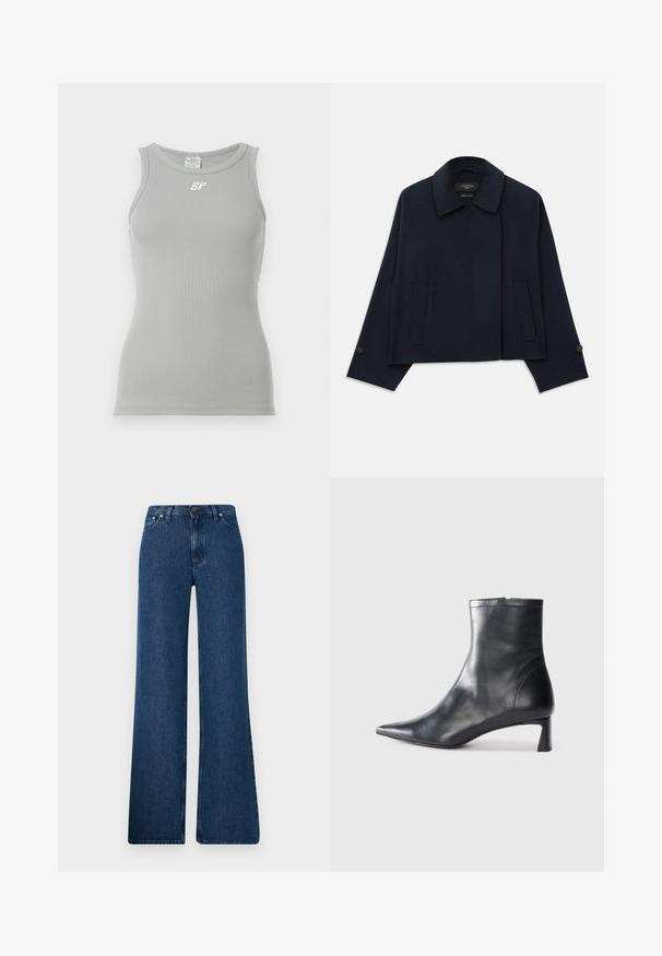 Námornícky modrý kabát z vlnenej zmesi s klopaným golierom, dvoma prednými vreckami a zapínaním na gombíky na rukávoch. Má uvoľnený, skrátený strih.; Šedý rebrovaný tielko s okrúhlym výstrihom a bezrukávovým dizajnom. Na prednej strane sa nachádza malé biele logo. Hladká, elastická tkanina.; Modré denimové zvonové nohavice s vysokým pásom, dizajnom s piatimi vreckami a kovovým zapínaním. Hladká textúra, voľný štýl a minimálne švy.; Čierne kožené členkové topánky s špicatou špičkou a elegantným dizajnom. Majú nízky podpätok a zips na zadnej strane. Hladká textúra.